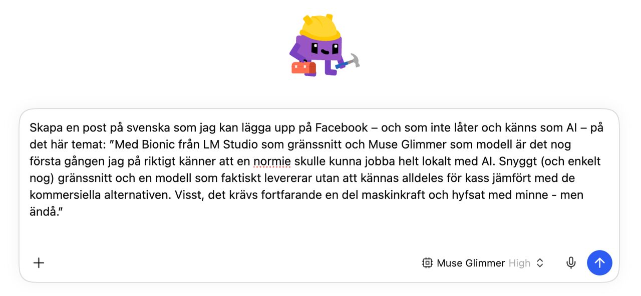 JJ asking an AI to help write a Swedish post about Bionic from LM Studio and Meta’s Muse Glimmer.