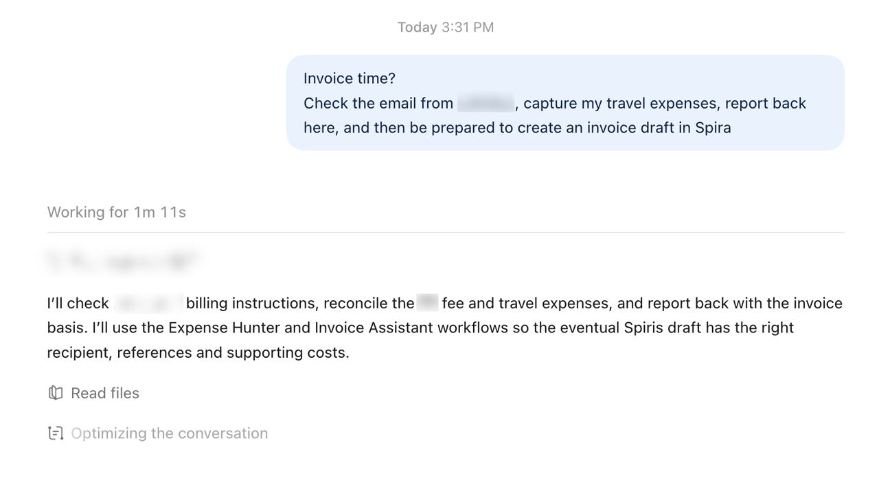 A screenshot of an AI preparing to check an invoice basis and travel expenses.