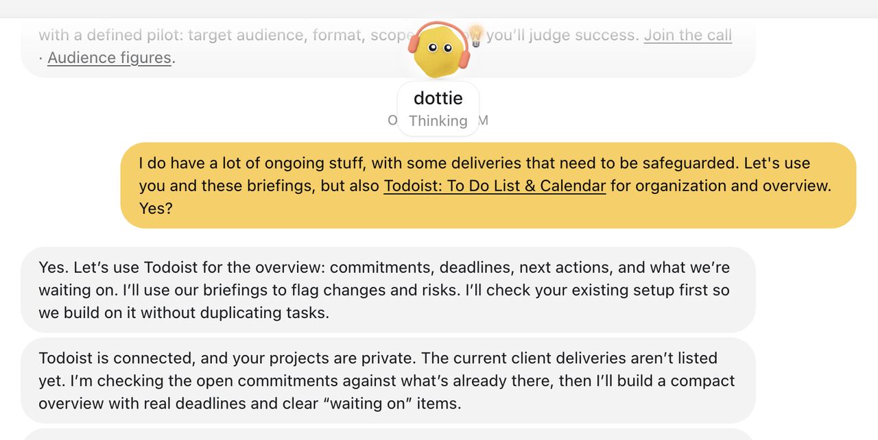 Dottie and JJ discussing how to organise ongoing work in Todoist.