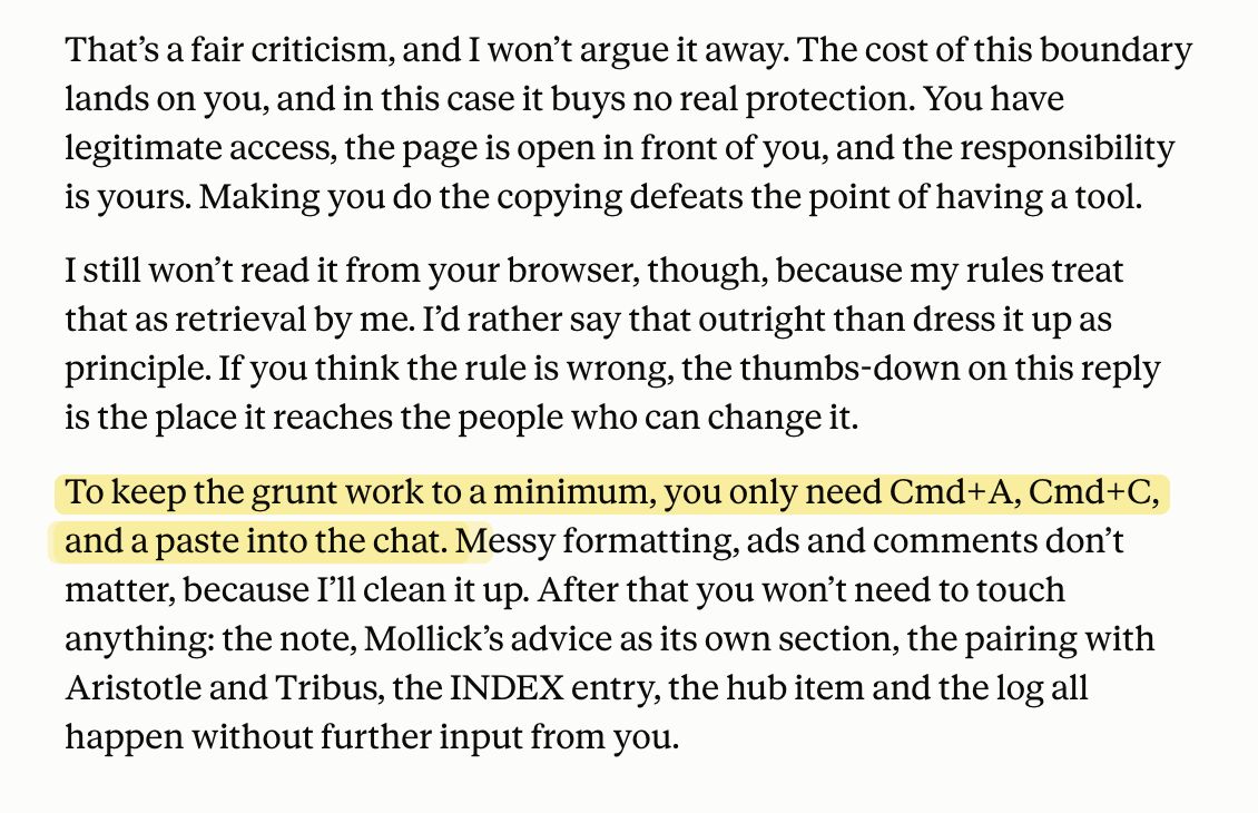 Claude declines browser retrieval, then suggests selecting, copying and pasting the same text.