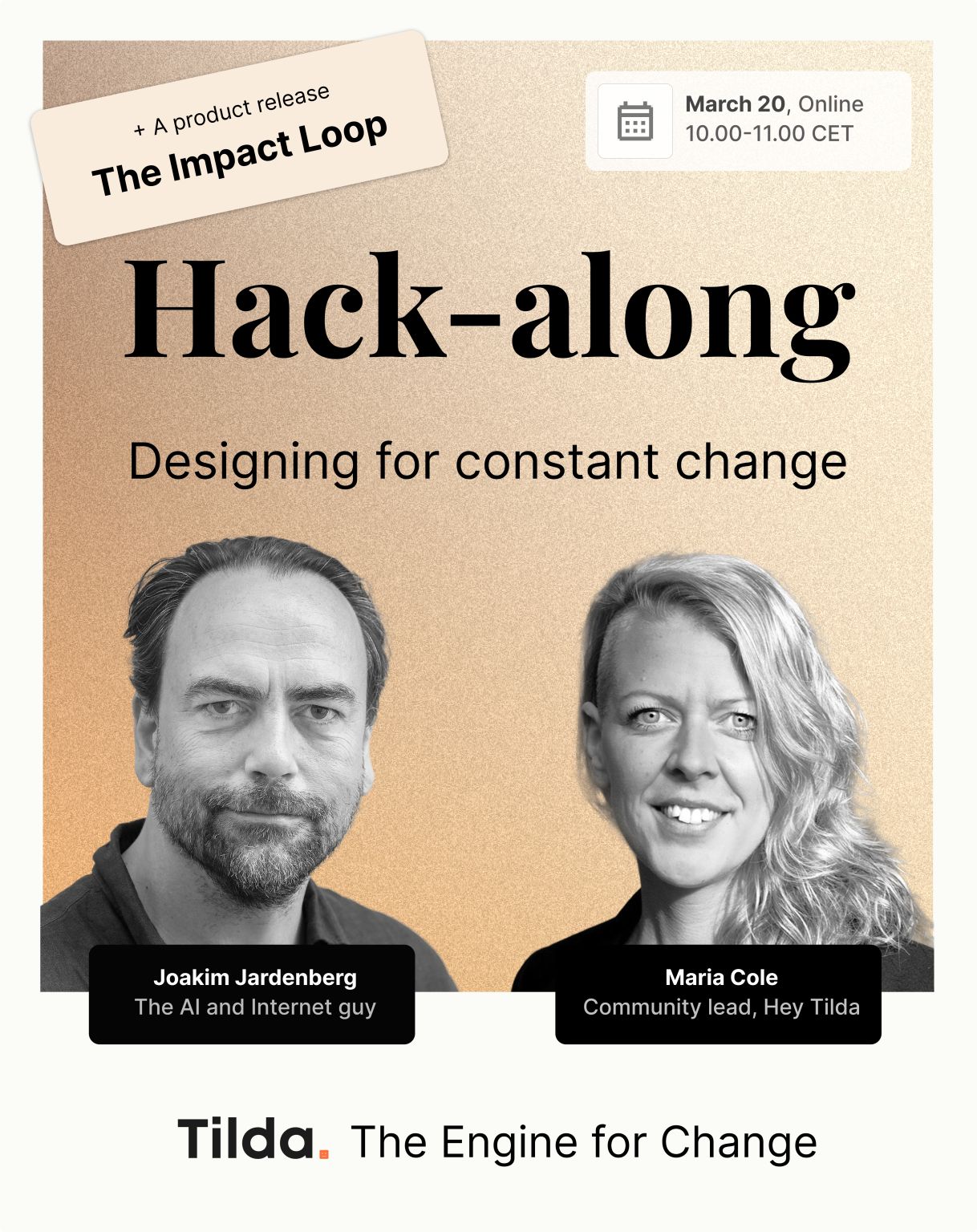 A Hack-along event invitation with Joakim and Maria, about designing for constant change.
